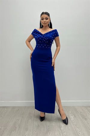 Babel Kumaş Kayık Yaka İnci Detaylı Kalem Elbise - SAKS MAVİ - Angelino Moda (1)