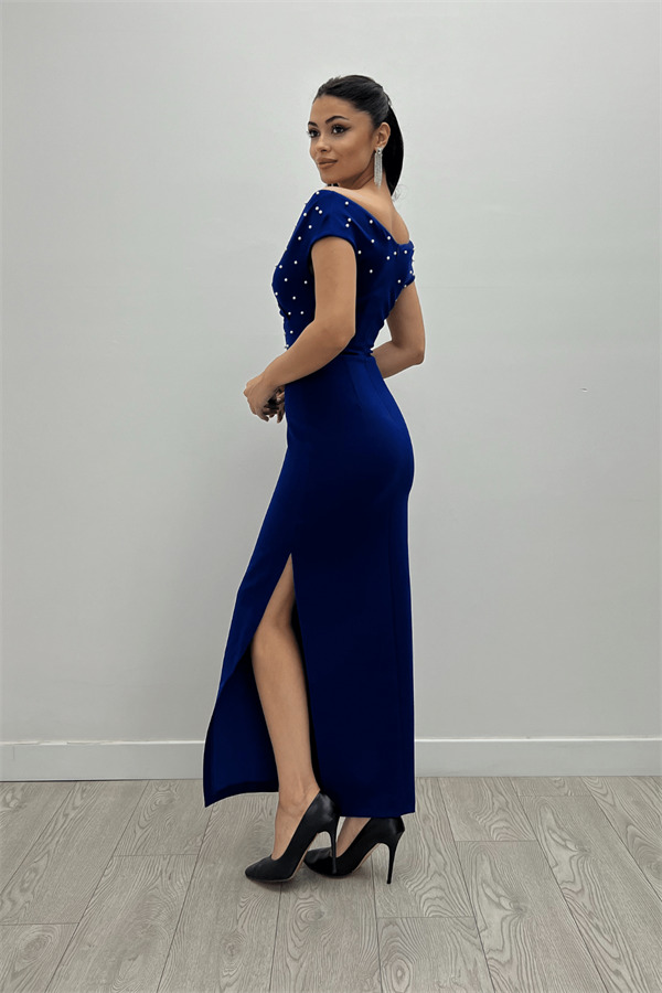 Babel Kumaş Kayık Yaka İnci Detaylı Kalem Elbise - SAKS MAVİ - 5