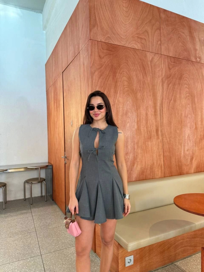 Bağcık Detaylı Kolsuz Mini Elbise - Antrasit - 2