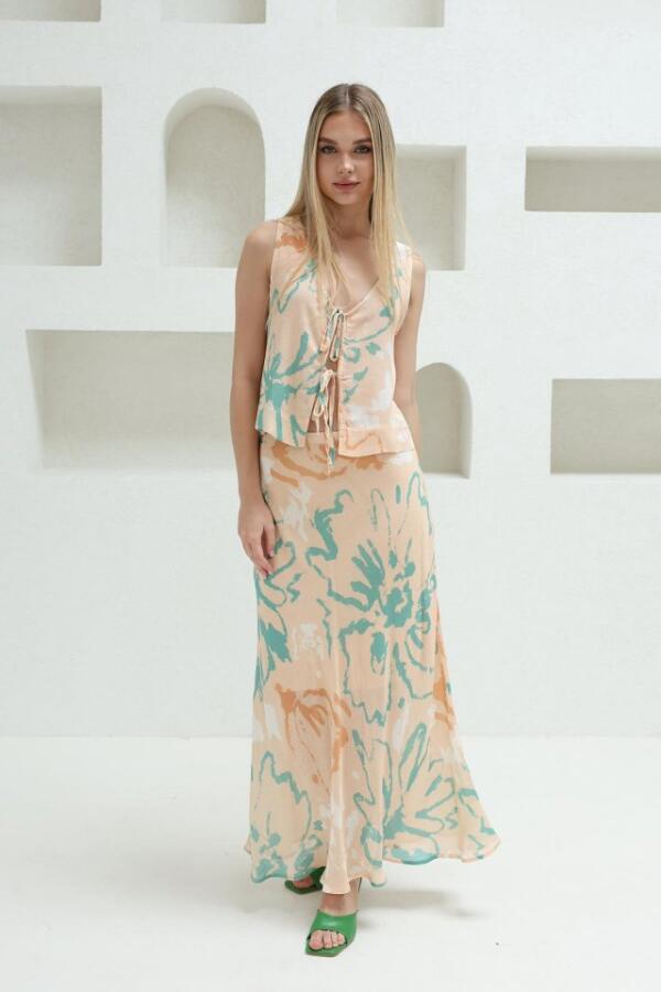 Bağcıklı Bluzlu Etek Takım - Pudra - 3