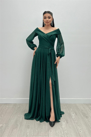 Bağcıklı Kol Kuşaklı Simli Tül Elbise - ZÜMRÜT YEŞİL - Angelino Moda