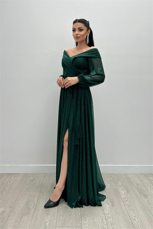 Bağcıklı Kol Kuşaklı Simli Tül Elbise - ZÜMRÜT YEŞİL - Angelino Moda (1)