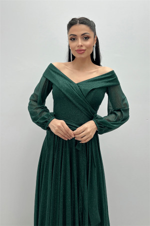 Bağcıklı Kol Kuşaklı Simli Tül Elbise - ZÜMRÜT YEŞİL - 3