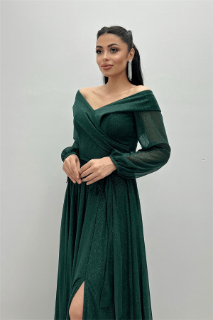 Bağcıklı Kol Kuşaklı Simli Tül Elbise - ZÜMRÜT YEŞİL - 4