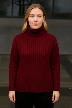 Balıkcı Yaka Bağazlı Triko Kazak Pamuklu Kalın Fitilli Dokuma - Bordo - 2