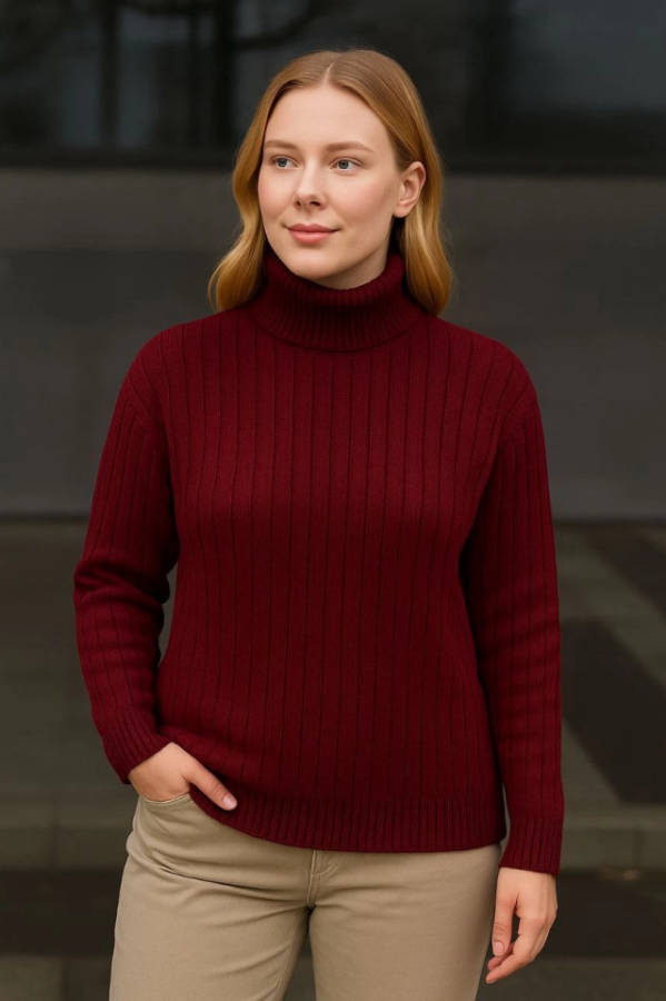 Balıkcı Yaka Bağazlı Triko Kazak Pamuklu Kalın Fitilli Dokuma - Bordo - 1