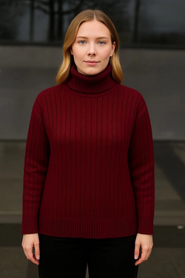 Balıkcı Yaka Bağazlı Triko Kazak Pamuklu Kalın Fitilli Dokuma - Bordo - 2