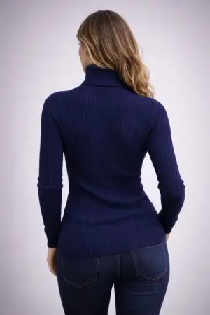 Balıkcı Yaka Bağazlı Triko Kazak Pamuklu Kalın Fitilli Dokuma - Lacivert - ANGELINO BuyukBedeniz (1)