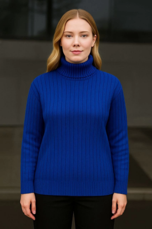 Balıkcı Yaka Bağazlı Triko Kazak Pamuklu Kalın Fitilli Dokuma - Saks Mavisi - ANGELINO BuyukBedeniz (1)