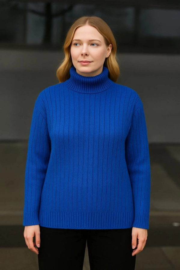 Balıkcı Yaka Bağazlı Triko Kazak Pamuklu Kalın Fitilli Dokuma - Saks Mavisi - 3