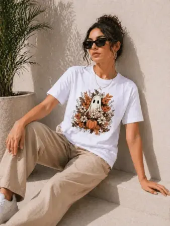 Balkabağı Hayalet Baskılı Tişört Kısa Kol Yazlık T-Shirt - Beyaz - 1