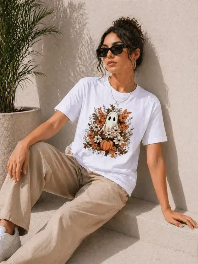 Balkabağı Hayalet Baskılı Tişört Kısa Kol Yazlık T-Shirt - Beyaz - 1