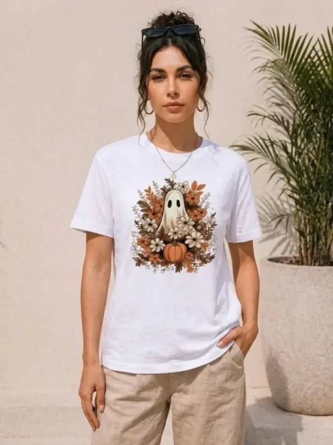 Balkabağı Hayalet Baskılı Tişört Kısa Kol Yazlık T-Shirt - Beyaz - 2