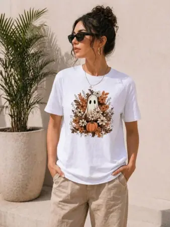 Balkabağı Hayalet Baskılı Tişört Kısa Kol Yazlık T-Shirt - Beyaz - 3