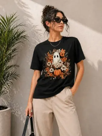 Balkabağı Hayalet Baskılı Tişört Kısa Kol Yazlık T-Shirt - Siyah - 1