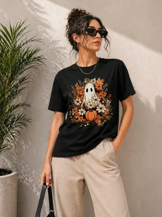 Balkabağı Hayalet Baskılı Tişört Kısa Kol Yazlık T-Shirt - Siyah - 1