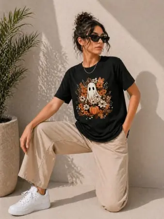 Balkabağı Hayalet Baskılı Tişört Kısa Kol Yazlık T-Shirt - Siyah - 2
