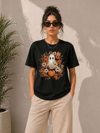 Balkabağı Hayalet Baskılı Tişört Kısa Kol Yazlık T-Shirt - Siyah - 3