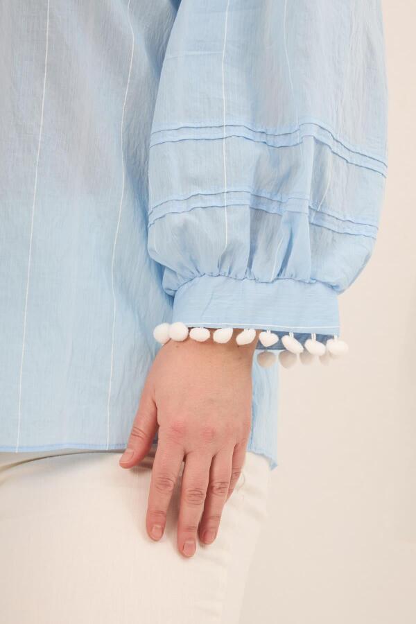 Balon Kol Ponpon Detaylı Kadın Büyük Beden Gömlek Mavi - 2