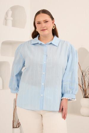 Balon Kol Ponpon Detaylı Kadın Büyük Beden Gömlek Mavi - 4
