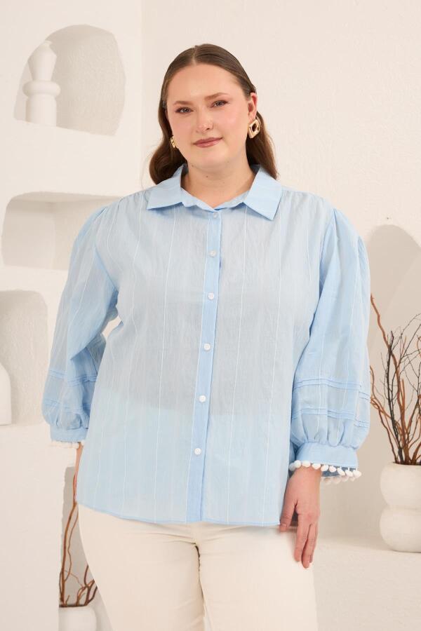 Balon Kol Ponpon Detaylı Kadın Büyük Beden Gömlek Mavi - 4