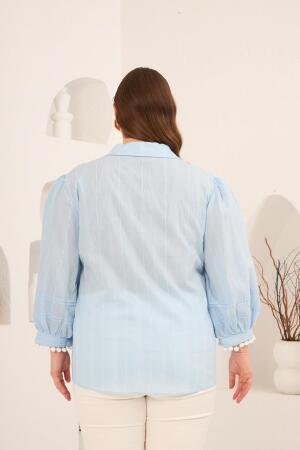 Balon Kol Ponpon Detaylı Kadın Büyük Beden Gömlek Mavi - 7