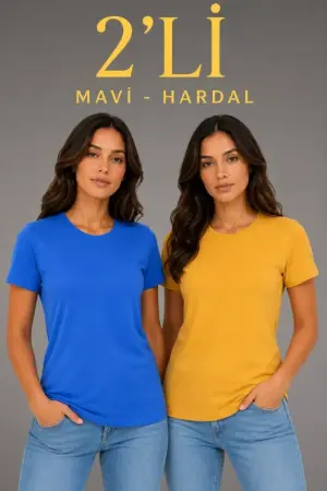 Basic Bisiklet Yaka Yazlık Slim Fit T-Shirt - Mavi - Hardal Sarısı - 1