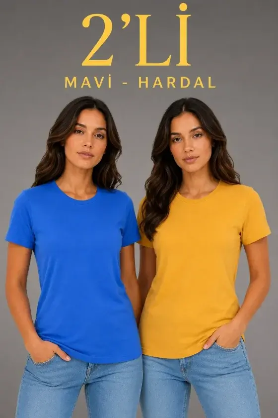 Basic Bisiklet Yaka Yazlık Slim Fit T-Shirt - Mavi - Hardal Sarısı - 1