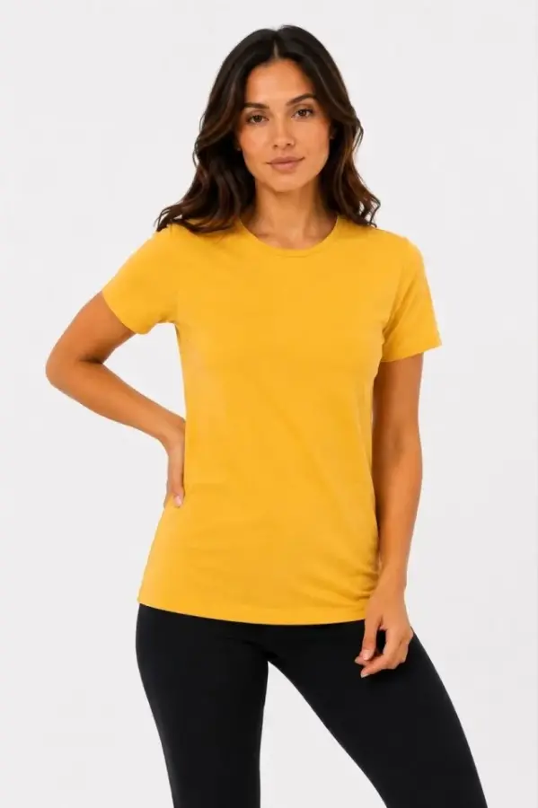 Basic Bisiklet Yaka Yazlık Slim Fit T-Shirt - Mavi - Hardal Sarısı - 3