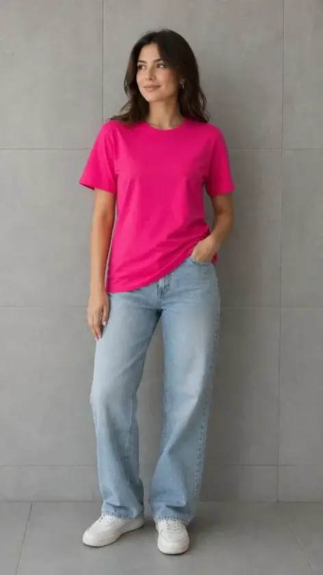 Basic Pamuklu Tişört Bisiklet Yaka Düz Renk Relaxed Fit T-Shirt - Fuşya - 1