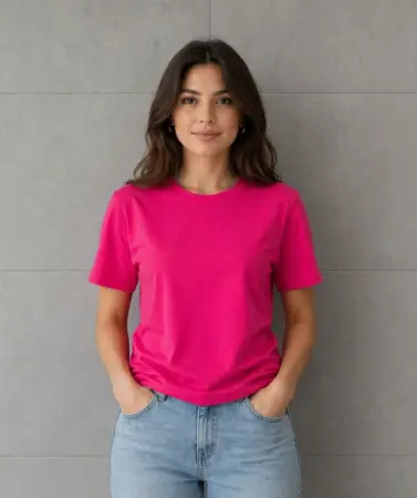 Basic Pamuklu Tişört Bisiklet Yaka Düz Renk Relaxed Fit T-Shirt - Fuşya - 2
