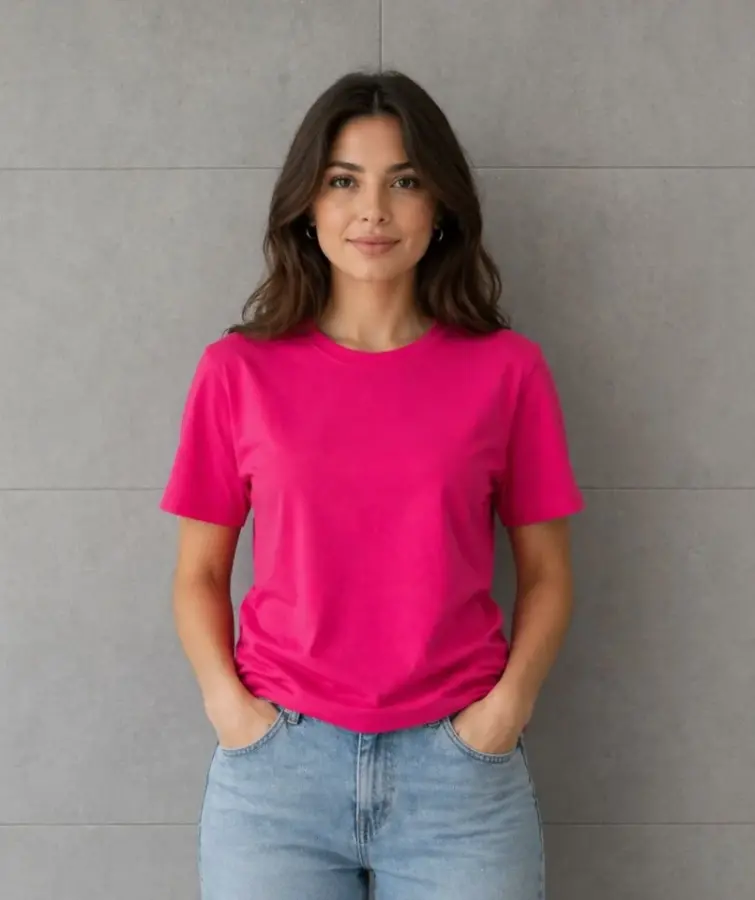 Basic Pamuklu Tişört Bisiklet Yaka Düz Renk Relaxed Fit T-Shirt - Fuşya - 2