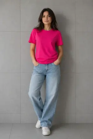 Basic Pamuklu Tişört Bisiklet Yaka Düz Renk Relaxed Fit T-Shirt - Fuşya - 3