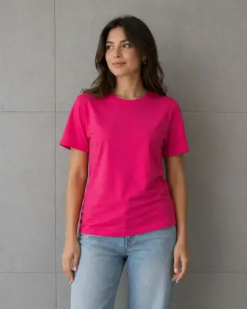 Basic Pamuklu Tişört Bisiklet Yaka Düz Renk Relaxed Fit T-Shirt - Fuşya - 4