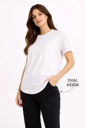 Basic T-Shirt Kısa Kol Bisiklet Yaka Oval Kesim Tişört - Beyaz - 1