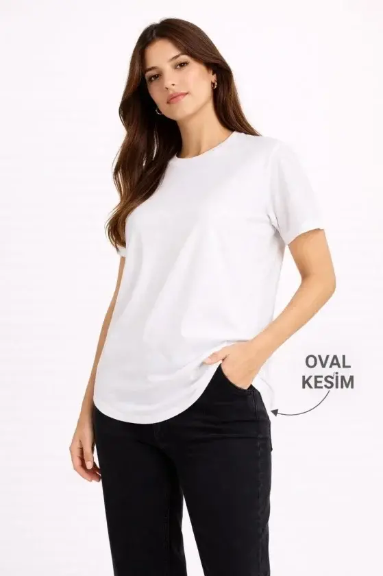 Basic T-Shirt Kısa Kol Bisiklet Yaka Oval Kesim Tişört - Beyaz - 1