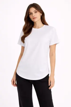 Basic T-Shirt Kısa Kol Bisiklet Yaka Oval Kesim Tişört - Beyaz - 3