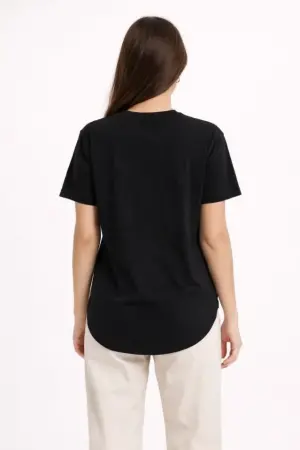 Basic T-Shirt Kısa Kol Bisiklet Yaka Oval Kesim Tişört - Siyah - 2