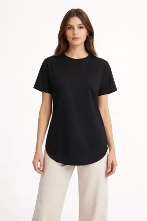 Basic T-Shirt Kısa Kol Bisiklet Yaka Oval Kesim Tişört - Siyah - 3