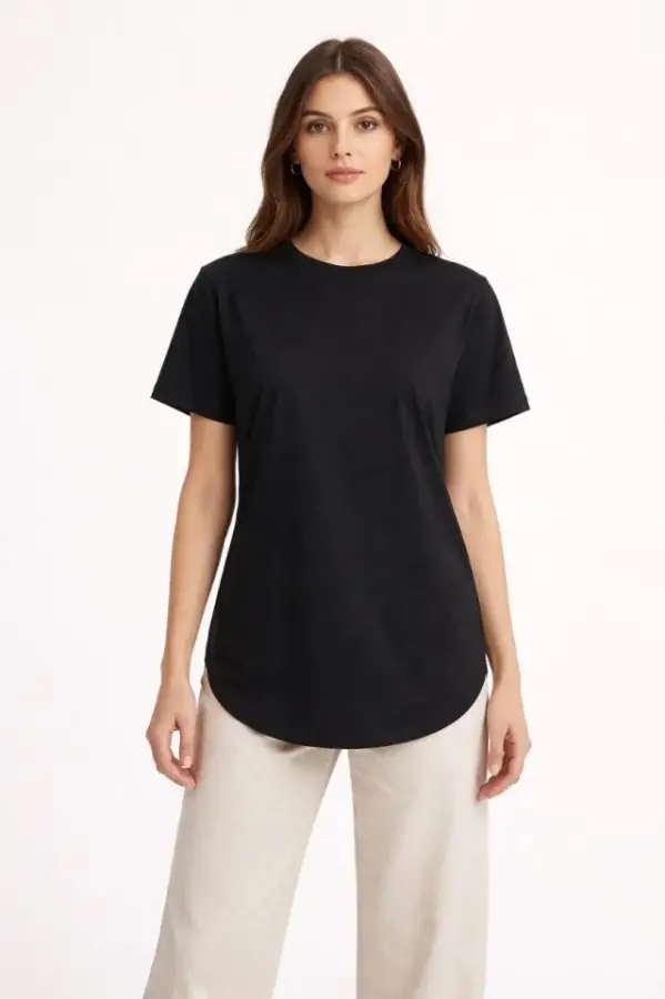 Basic T-Shirt Kısa Kol Bisiklet Yaka Oval Kesim Tişört - Siyah - 3