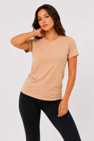 Basic Tişört Bisiklet Yaka Kısa Kol Günlük Yazlık Slim Fit T-Shirt - Bej - 1