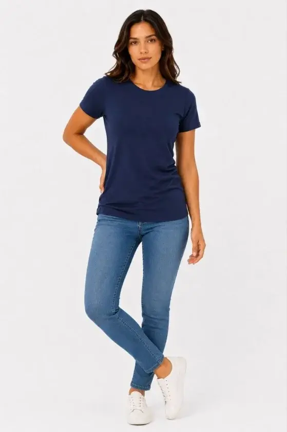 Basic Tişört Bisiklet Yaka Kısa Kol Günlük Yazlık Slim Fit T-Shirt - Lacivert - 1