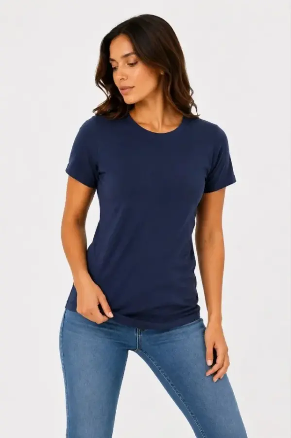 Basic Tişört Bisiklet Yaka Kısa Kol Günlük Yazlık Slim Fit T-Shirt - Lacivert - 4