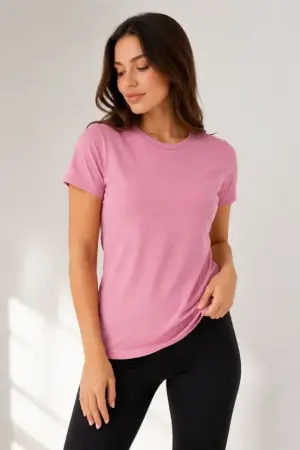 Basic Tişört Bisiklet Yaka Kısa Kol Günlük Yazlık Slim Fit T-Shirt - Pembe - 1