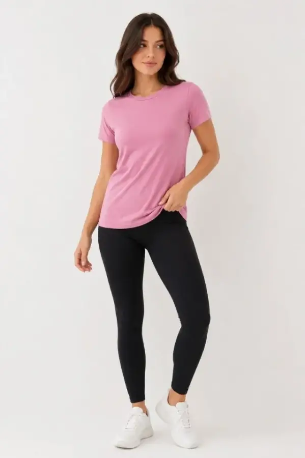 Basic Tişört Bisiklet Yaka Kısa Kol Günlük Yazlık Slim Fit T-Shirt - Pembe - 2