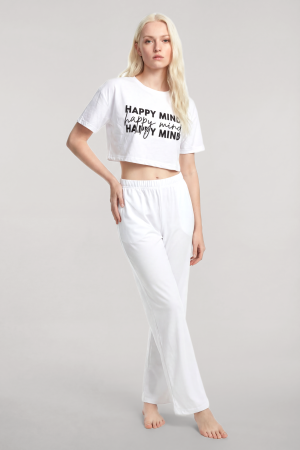 Angelino Baskılı Crop T-Shirt Pantolon Takım Beyaz - 1