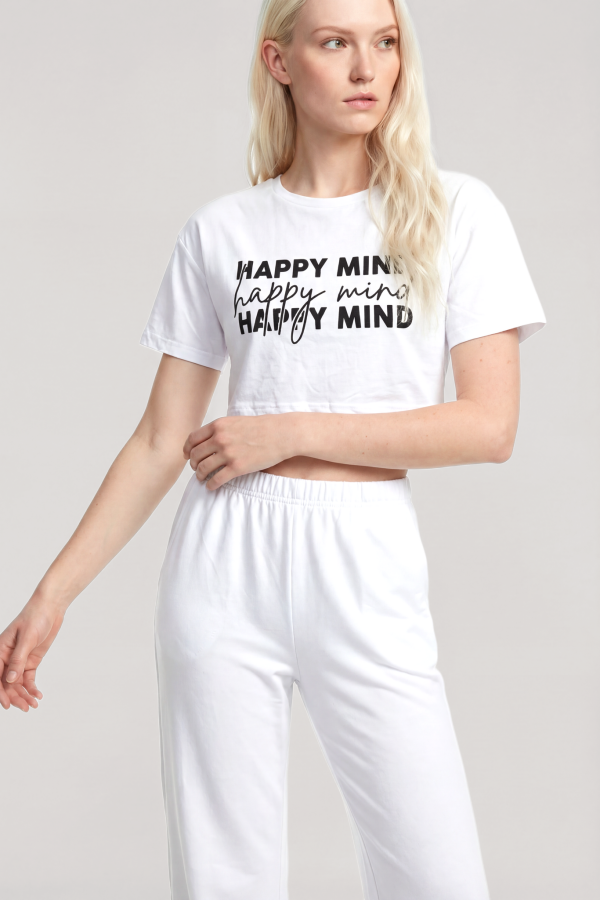 Angelino Baskılı Crop T-Shirt Pantolon Takım Beyaz - 3