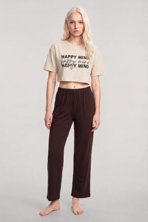 Angelino Baskılı Crop T-Shirt Pantolon Takım Kum Kahve - 1