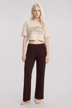 Angelino Baskılı Crop T-Shirt Pantolon Takım Kum Kahve - 2