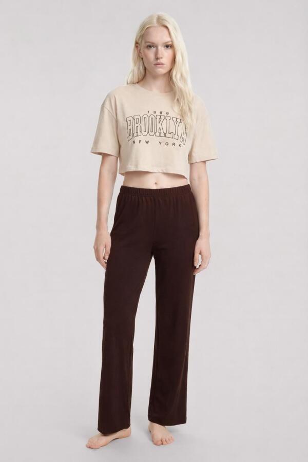 Angelino Baskılı Crop T-Shirt Pantolon Takım Kum Kahve - 2